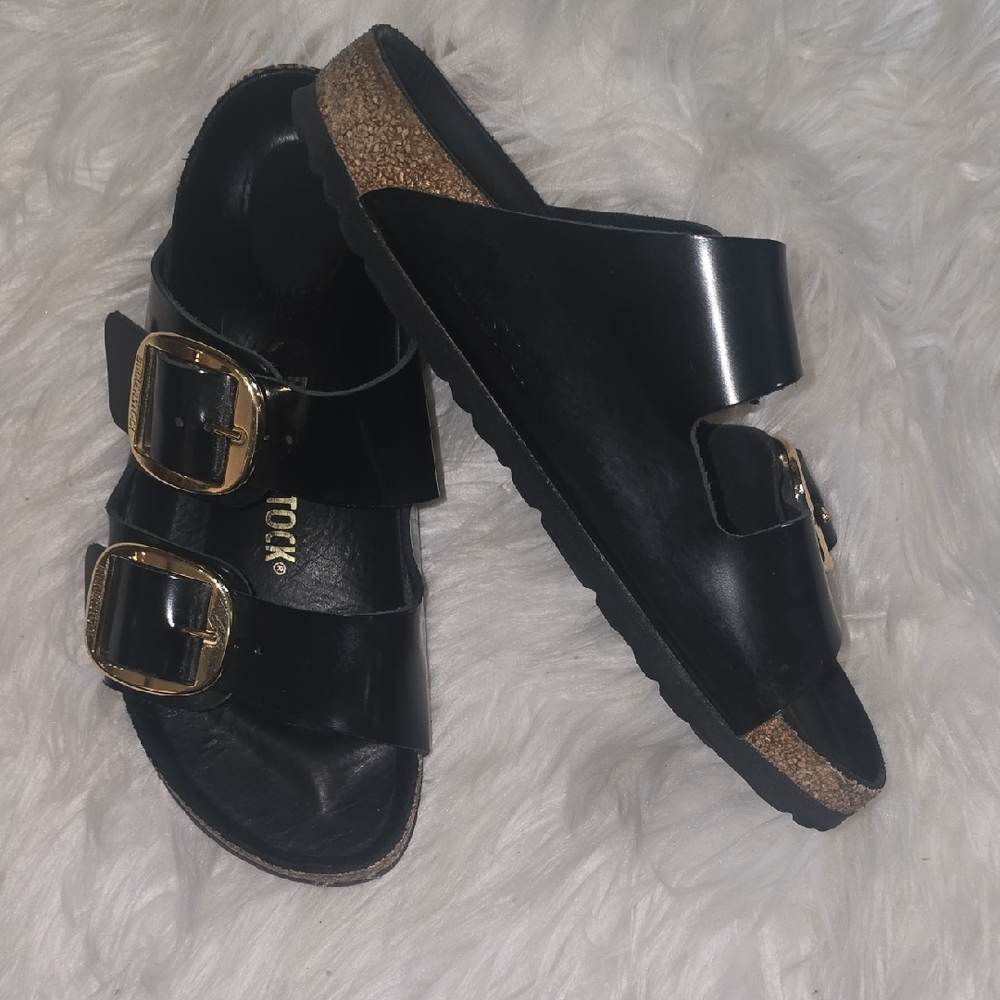 Birkenstock Black Sandals with Gold Buckles
